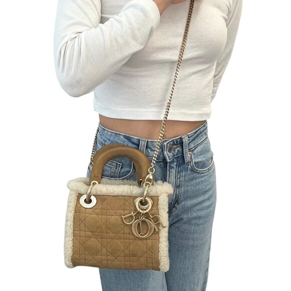 Christian Dior Lady Dior Cannage Mouton 2way Mini Bag Camel Gold Suede [105603] - Picture 6 of 15